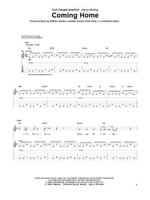 Avenged Sevenfold Coming Home sheet music notes and chords. Download Printable PDF.