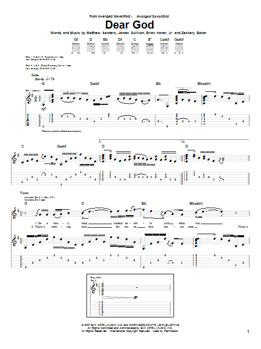 Avenged Sevenfold Dear God sheet music notes and chords. Download Printable PDF.