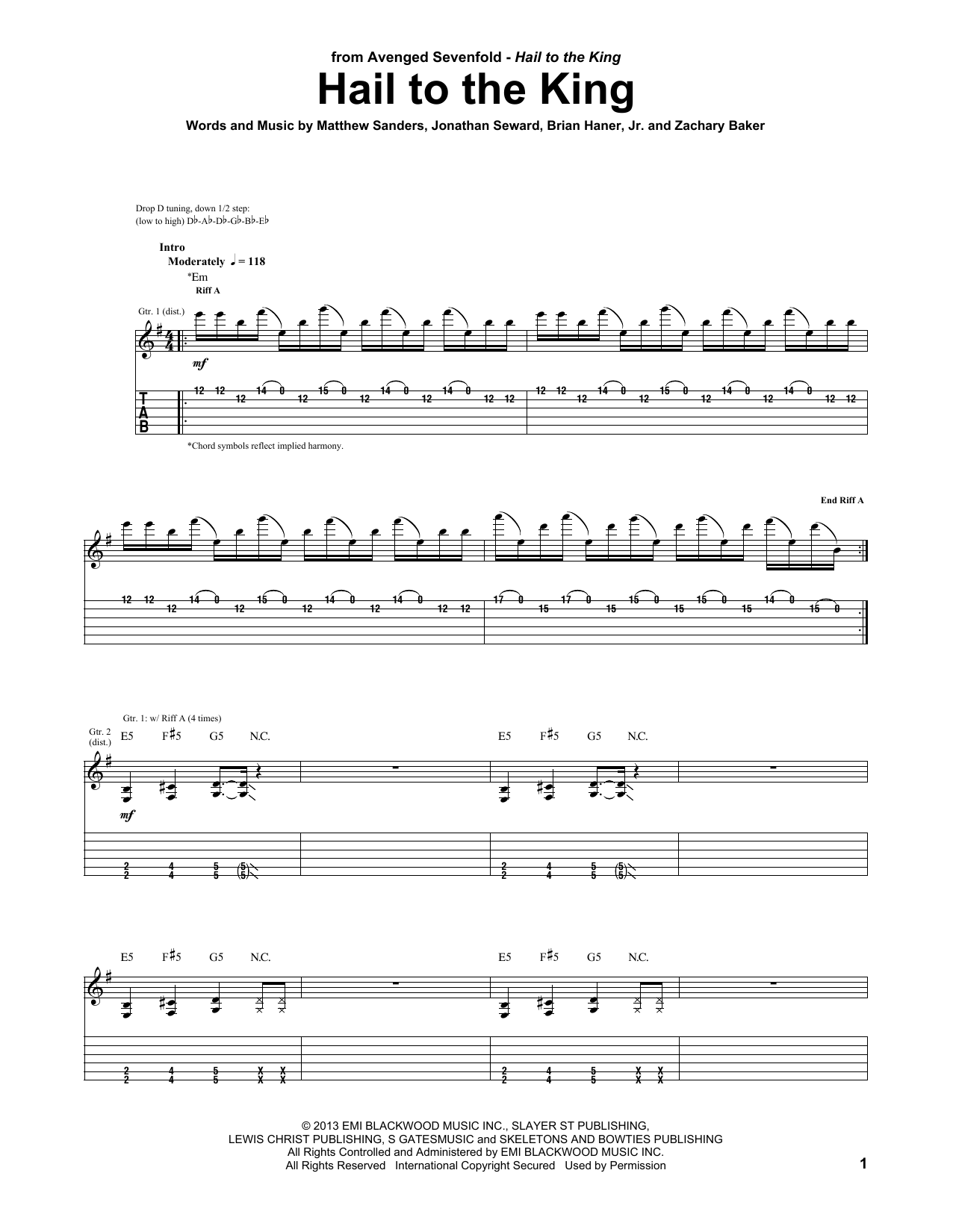 Avenged Sevenfold Hail To The King sheet music notes and chords. Download Printable PDF.