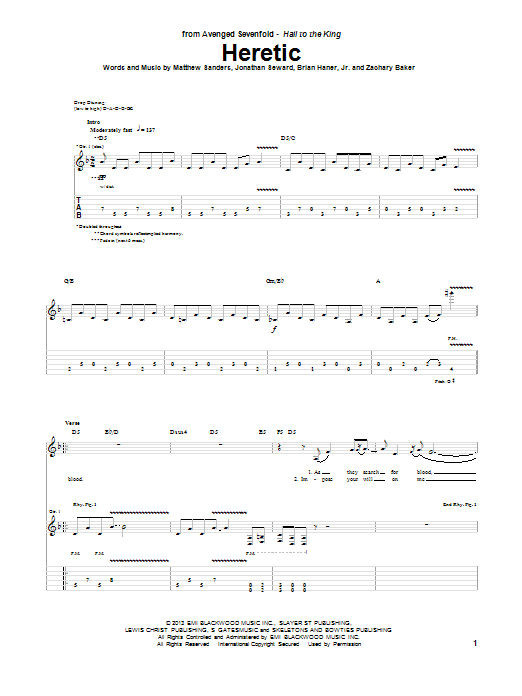 Learn to play Avenged Sevenfold Heretic sheet music for Guitar Tab in minutes. Price: 7.8900$ Avenged Sevenfold Heretic sheet music notes and chords arranged for Guitar Tab
