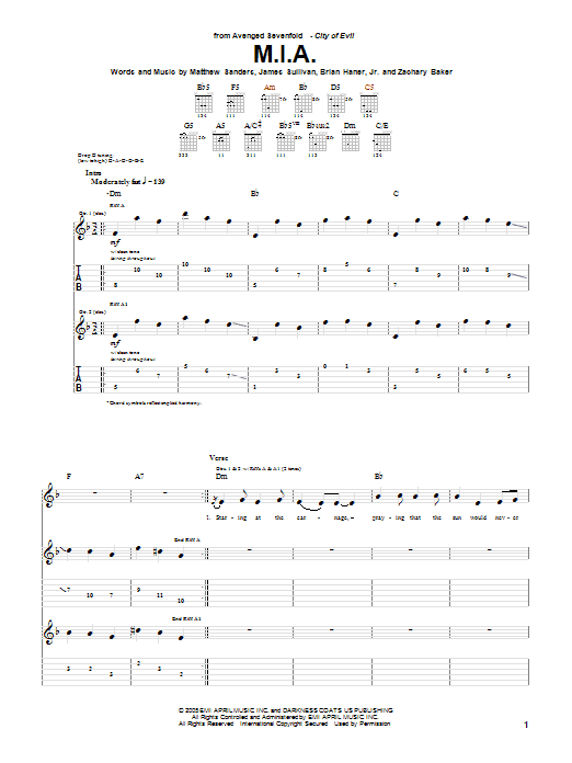 Learn to play Avenged Sevenfold M.I.A. sheet music for Guitar Tab in minutes. Price: 7.8900$ Avenged Sevenfold M.I.A. sheet music notes and chords arranged for Guitar Tab