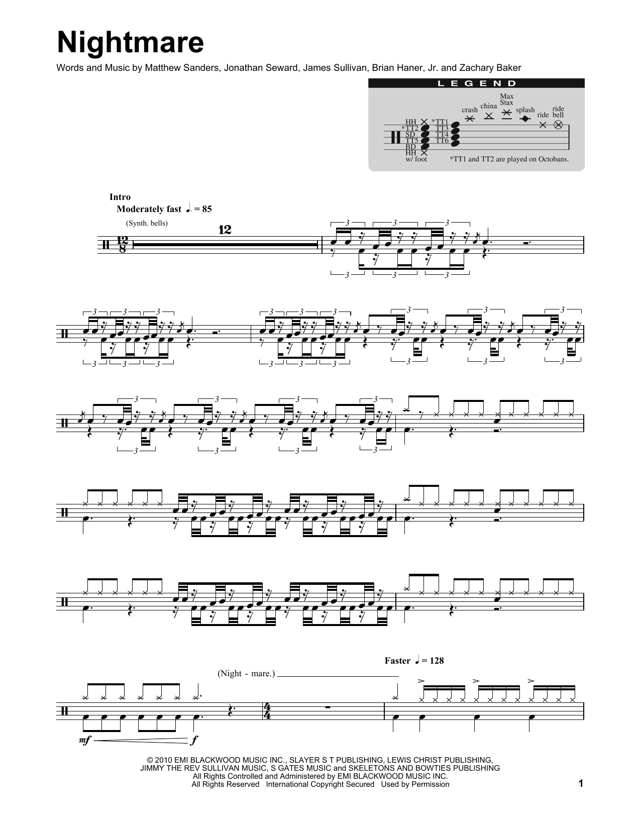 Avenged Sevenfold Nightmare sheet music notes and chords. Download Printable PDF.