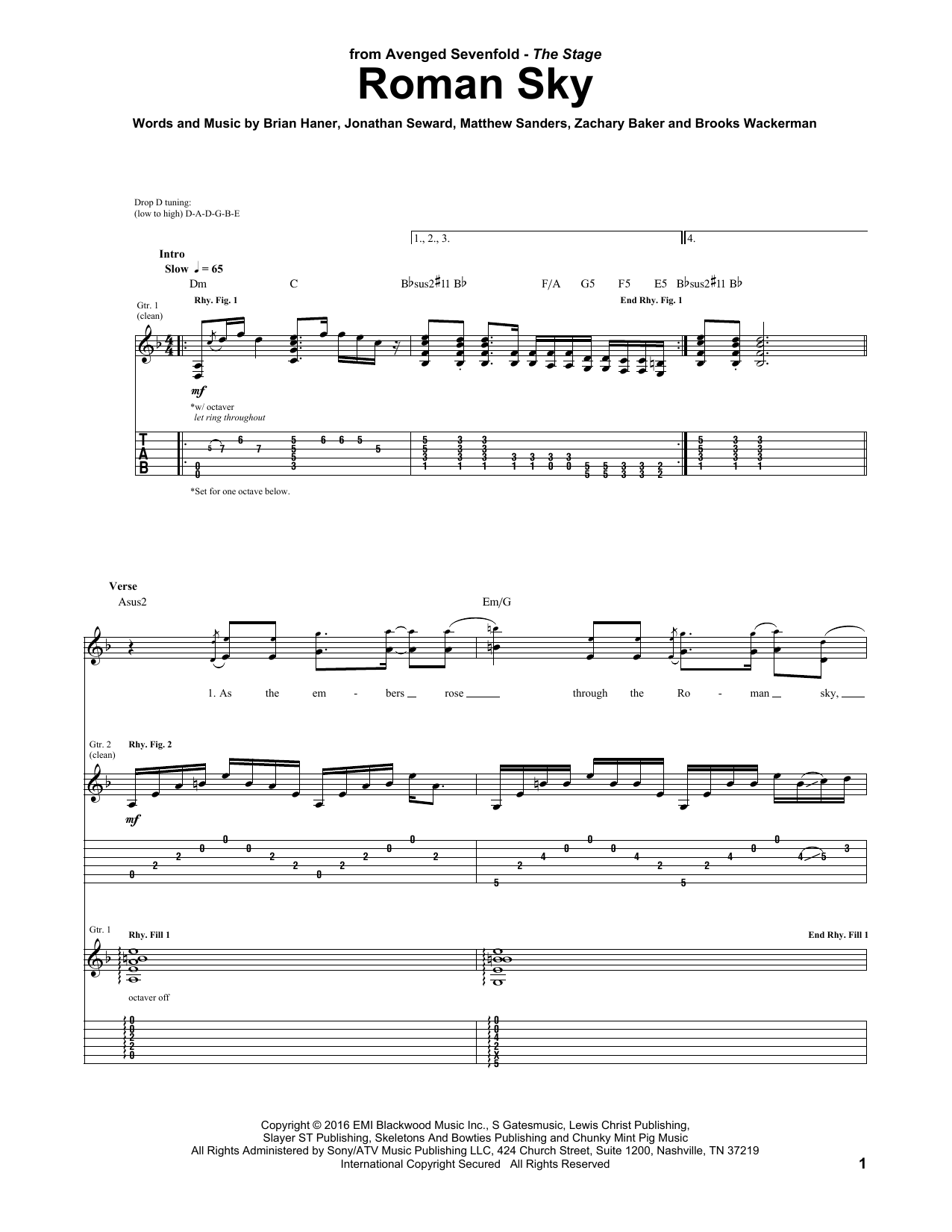 Avenged Sevenfold Roman Sky sheet music notes and chords. Download Printable PDF.