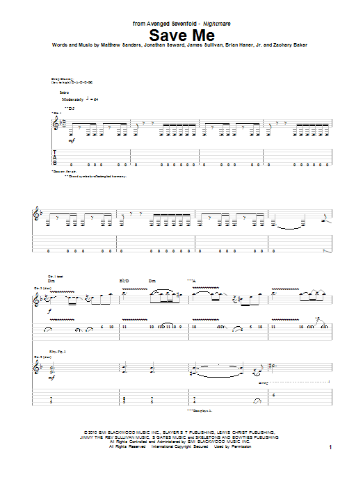 Avenged Sevenfold Save Me sheet music notes and chords. Download Printable PDF.