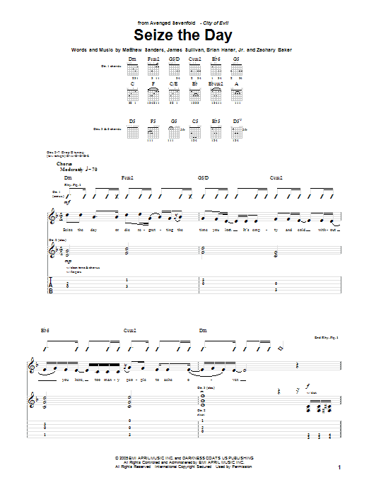 Learn to play Avenged Sevenfold Seize The Day sheet music for Guitar Tab in minutes. Price: 7.8900$ Avenged Sevenfold Seize The Day sheet music notes and chords arranged for Guitar Tab
