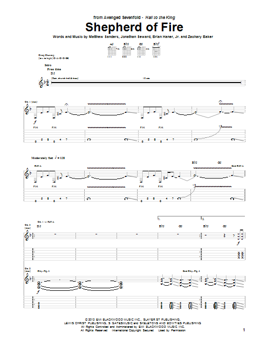 Avenged Sevenfold Shepherd Of Fire sheet music notes and chords. Download Printable PDF.