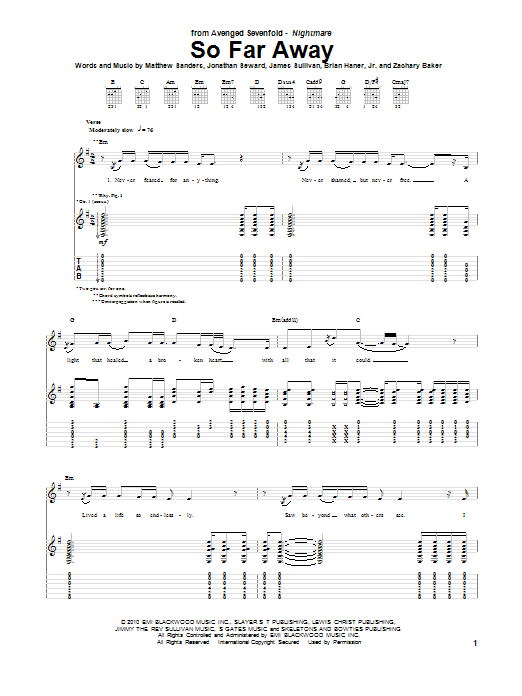 Avenged Sevenfold So Far Away sheet music notes and chords. Download Printable PDF.