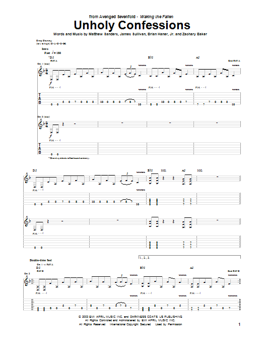 Avenged Sevenfold Unholy Confessions sheet music notes and chords. Download Printable PDF.