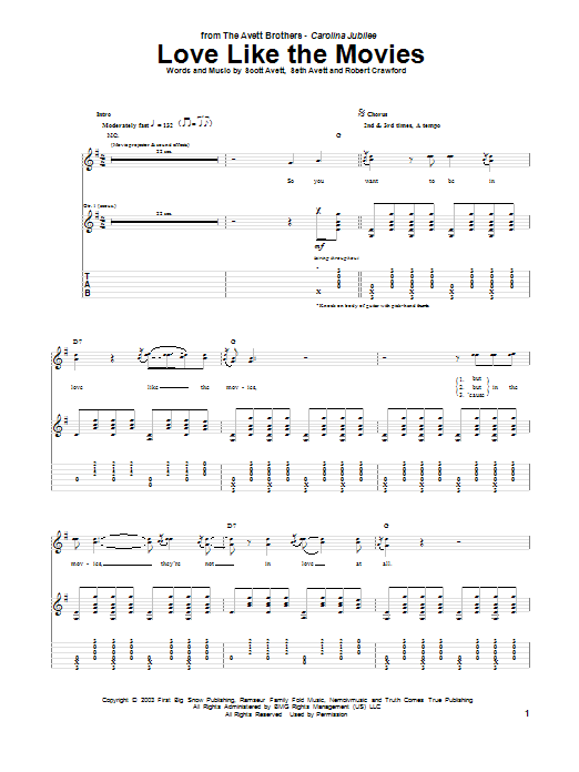 Learn to play Avett Brothers Love Like The Movies sheet music for Guitar Tab in minutes. Price: 7.8900$ Avett Brothers Love Like The Movies sheet music notes and chords arranged for Guitar Tab