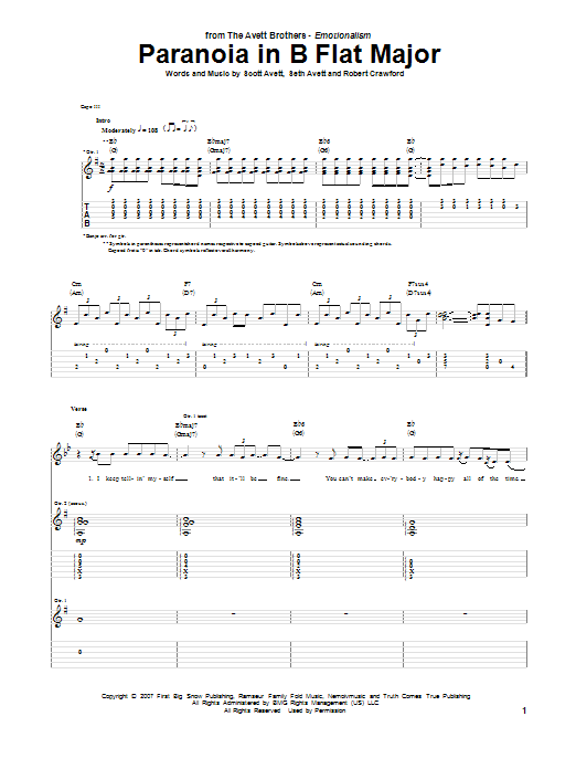 Learn to play Avett Brothers Paranoia In B Flat Major sheet music for Guitar Tab in minutes. Price: 7.8900$ Avett Brothers Paranoia In B Flat Major sheet music notes and chords arranged for Guitar Tab