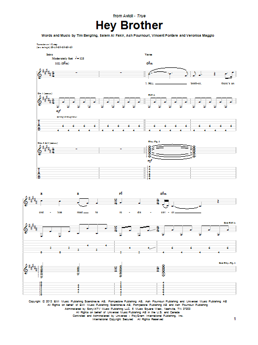 Avicii Hey Brother sheet music notes and chords. Download Printable PDF.