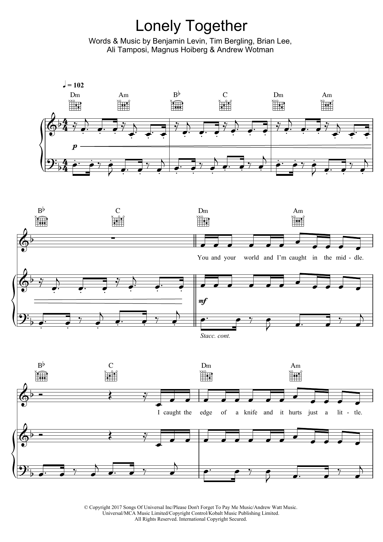 Avicii Lonely Together (feat. Rita Ora) sheet music notes and chords arranged for Piano, Vocal & Guitar Chords