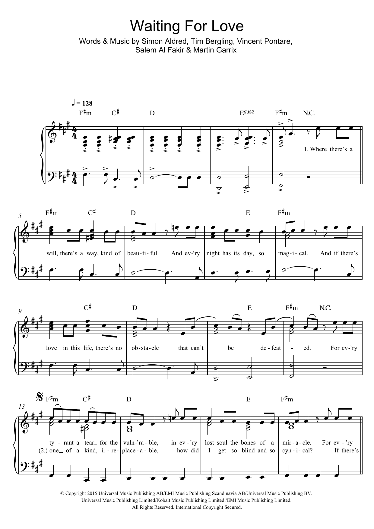 Avicii Waiting For Love sheet music notes and chords. Download Printable PDF.