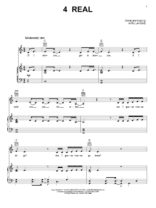 Avril Lavigne 4 Real sheet music notes and chords arranged for Piano, Vocal & Guitar Chords (Right-Hand Melody)