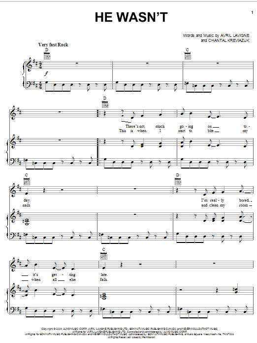 Avril Lavigne He Wasn't sheet music notes and chords arranged for Piano, Vocal & Guitar Chords (Right-Hand Melody)