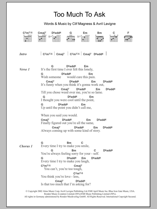 Avril Lavigne Too Much To Ask sheet music notes and chords. Download Printable PDF.