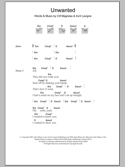 Avril Lavigne Unwanted sheet music notes and chords. Download Printable PDF.