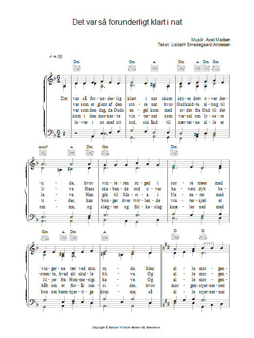 Learn to play Axel Madsen Det Var Så Forunderligt Klart I Nat sheet music for Piano, Vocal & Guitar Chords in minutes. Price: 7.8900$ Axel Madsen Det Var Så Forunderligt Klart I Nat sheet music notes and chords arranged for Piano, Vocal & Guitar Chords