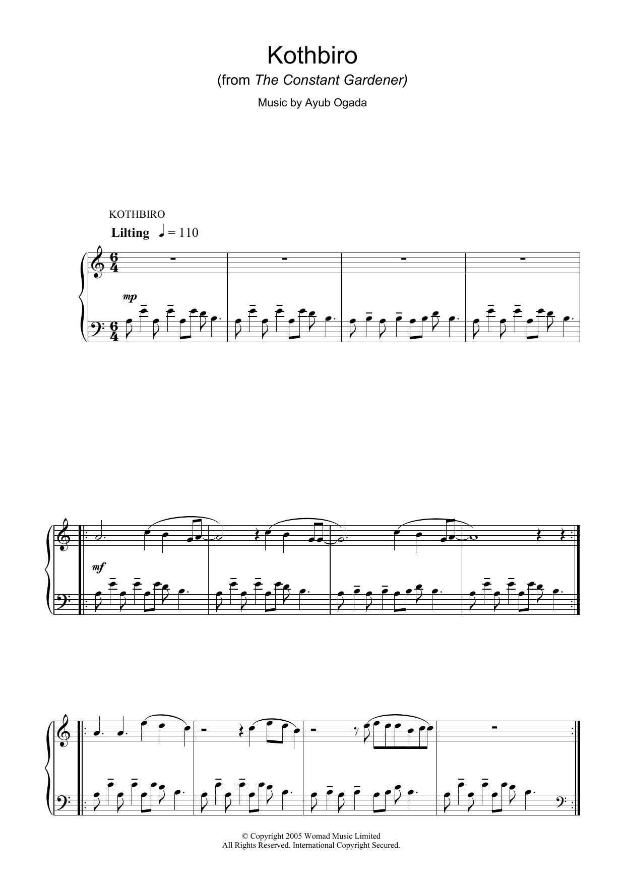 Learn to play Ayub Ogada Kothbiro (from The Constant Gardener) sheet music for Piano Solo in minutes. Price: 7.8900$ Ayub Ogada Kothbiro (from The Constant Gardener) sheet music notes and chords arranged for Piano Solo