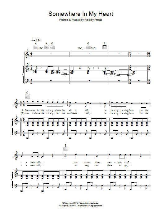 Aztec Camera Somewhere In My Heart sheet music notes and chords. Download Printable PDF.