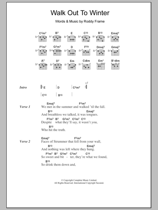 Learn to play Aztec Camera Walk Out To Winter sheet music for Guitar Chords/Lyrics in minutes. Price: 4.4900$ Aztec Camera Walk Out To Winter sheet music notes and chords arranged for Guitar Chords/Lyrics