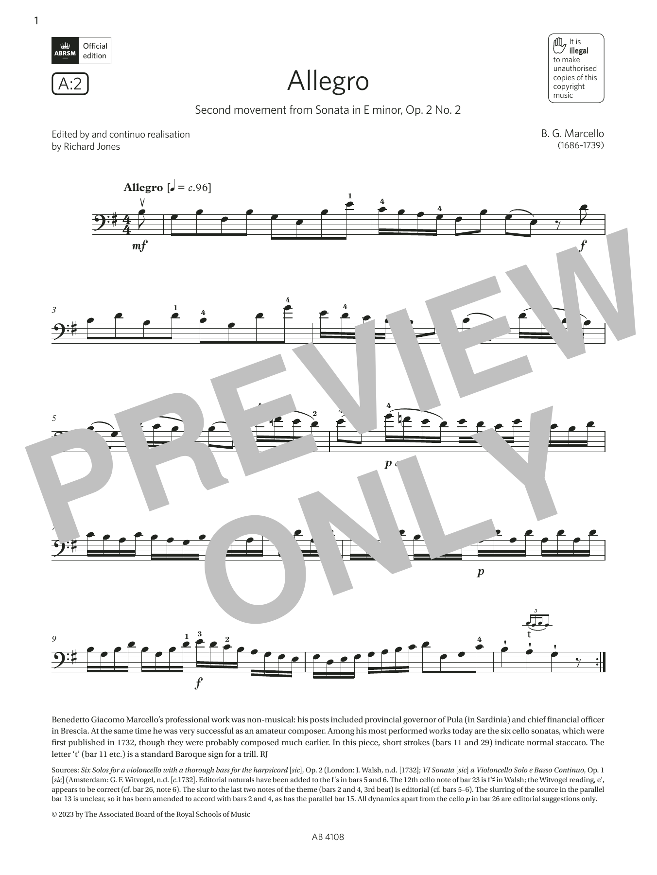 B. G. Marcello Allegro (Grade 5, A2, from the ABRSM Cello Syllabus from 2024) sheet music notes and chords. Download Printable PDF.