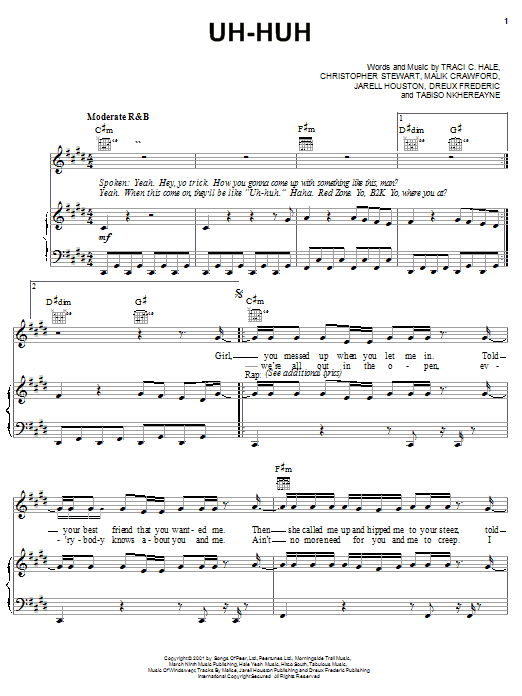Learn to play B2K Uh-Huh sheet music for Piano, Vocal & Guitar Chords (Right-Hand Melody) in minutes. Price: 7.8900$ B2K Uh-Huh sheet music notes and chords arranged for Piano, Vocal & Guitar Chords (Right-Hand Melody)