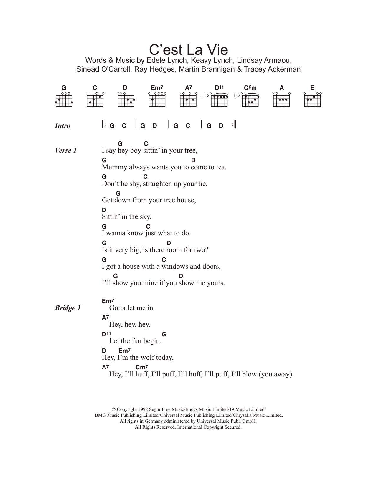 B*witched C'est La Vie sheet music notes and chords. Download Printable PDF.