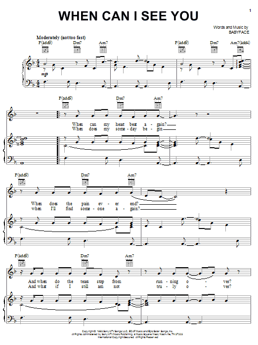 Learn to play Babyface When Can I See You sheet music for Real Book – Melody & Chords in minutes. Price: 5.9900$ Babyface When Can I See You sheet music notes and chords arranged for Real Book – Melody & Chords