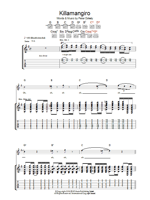 Learn to play Babyshambles Killamangiro sheet music for Guitar Tab in minutes. Price: 7.8900$ Babyshambles Killamangiro sheet music notes and chords arranged for Guitar Tab