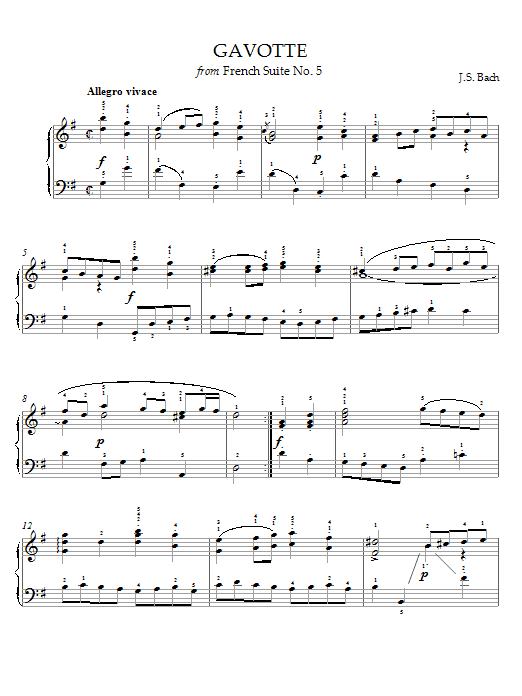 Learn to play Johann Sebastian Bach Gavotte (from French Suite No. 5) sheet music for Piano Solo in minutes. Price: 7.8900$ Johann Sebastian Bach Gavotte (from French Suite No. 5) sheet music notes and chords arranged for Piano Solo