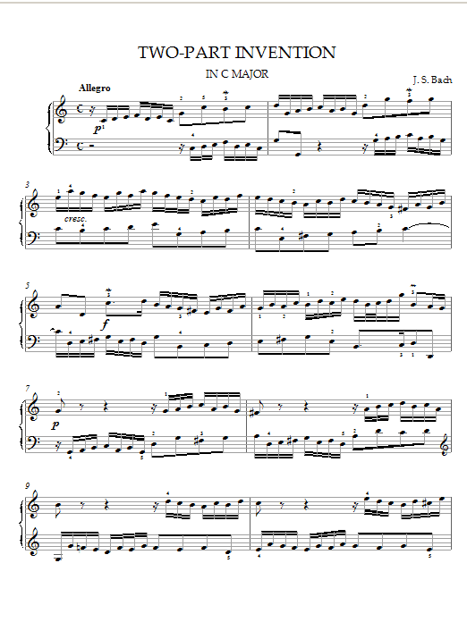 Learn to play Johann Sebastian Bach Two-Part Invention in C Major sheet music for Piano Solo in minutes. Price: 7.8900$ Johann Sebastian Bach Two-Part Invention in C Major sheet music notes and chords arranged for Piano Solo