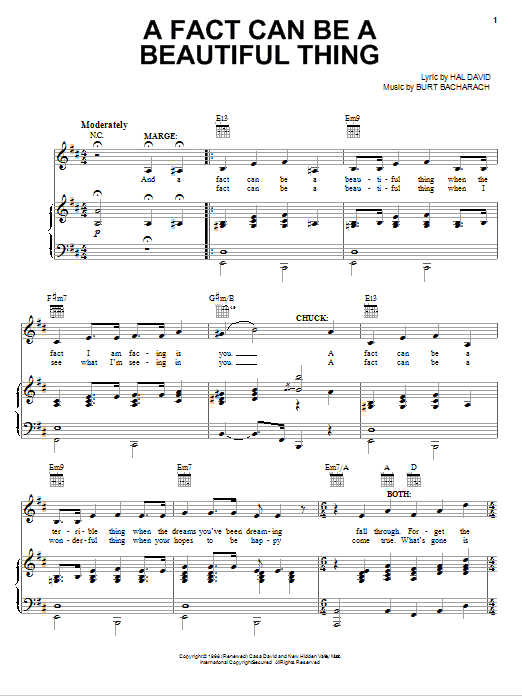 Learn to play Bacharach & David A Fact Can Be A Beautiful Thing sheet music for Piano, Vocal & Guitar Chords (Right-Hand Melody) in minutes. Price: 7.8900$ Bacharach & David A Fact Can Be A Beautiful Thing sheet music notes and chords arranged for Piano, Vocal & Guitar Chords (Right-Hand Melody)