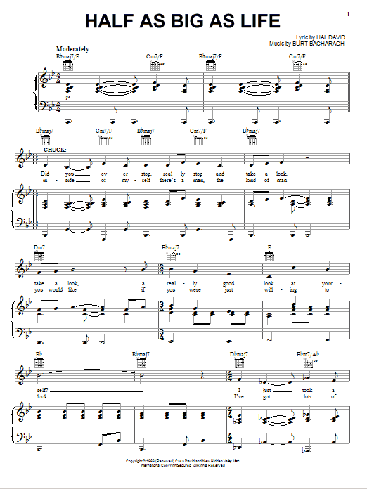Learn to play Bacharach & David Half As Big As Life sheet music for Piano, Vocal & Guitar Chords (Right-Hand Melody) in minutes. Price: 7.8900$ Bacharach & David Half As Big As Life sheet music notes and chords arranged for Piano, Vocal & Guitar Chords (Right-Hand Melody)