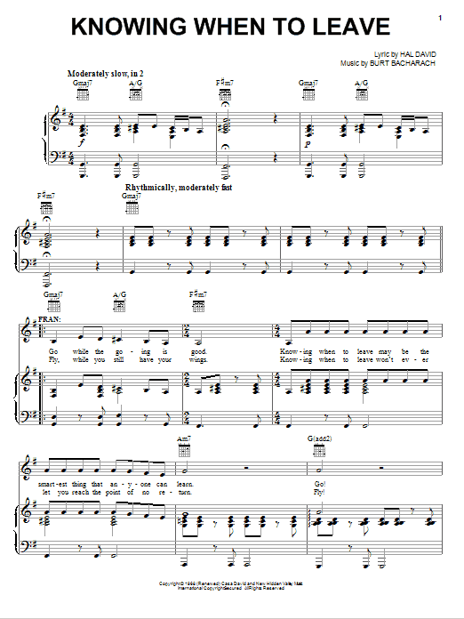 Bacharach & David Knowing When To Leave sheet music notes and chords. Download Printable PDF.