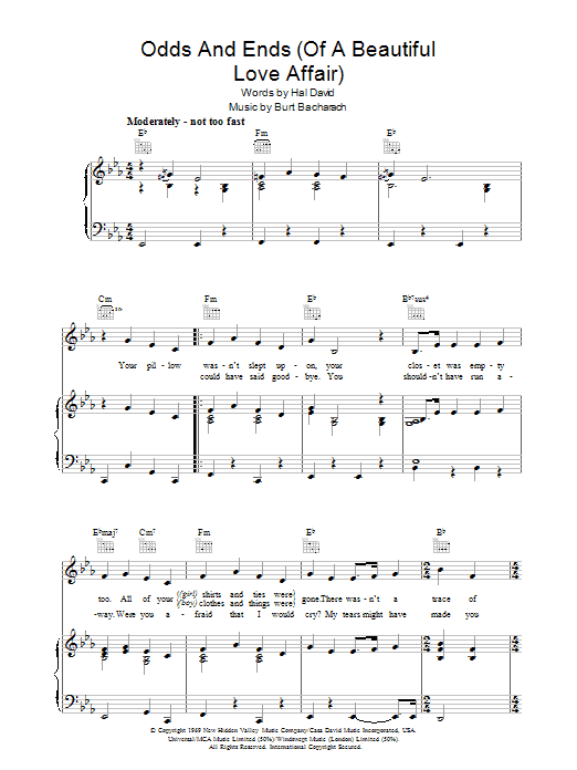 Learn to play Bacharach & David Odds And Ends (Of A Beautiful Love Affair) sheet music for Piano, Vocal & Guitar Chords in minutes. Price: 7.8900$ Bacharach & David Odds And Ends (Of A Beautiful Love Affair) sheet music notes and chords arranged for Piano, Vocal & Guitar Chords
