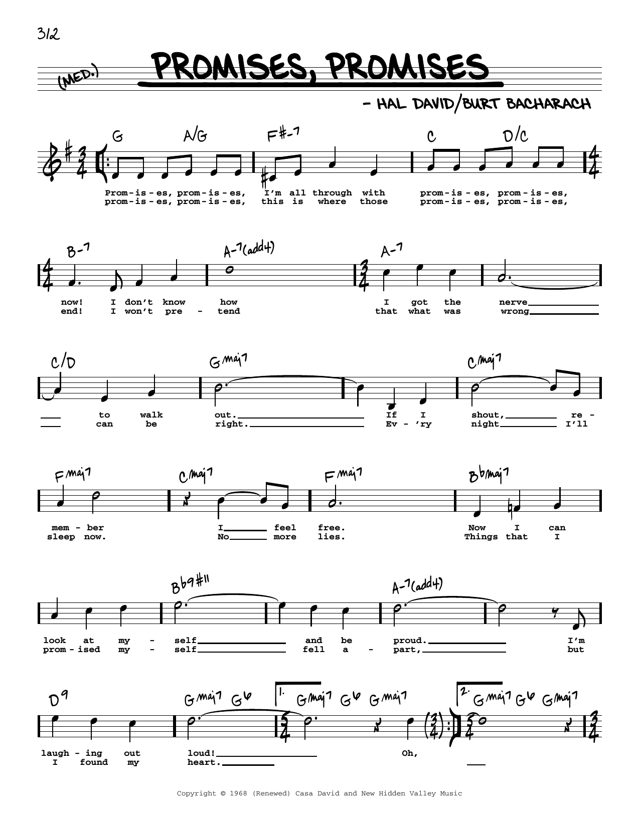 Learn to play Bacharach & David Promises, Promises (High Voice) sheet music for Real Book – Melody, Lyrics & Chords in minutes. Price: 5.9900$ Bacharach & David Promises, Promises (High Voice) sheet music notes and chords arranged for Real Book – Melody, Lyrics & Chords