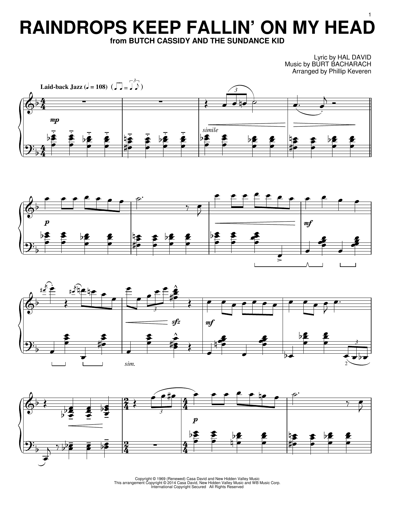 Phillip Keveren Raindrops Keep Fallin' On My Head sheet music notes and chords. Download Printable PDF.