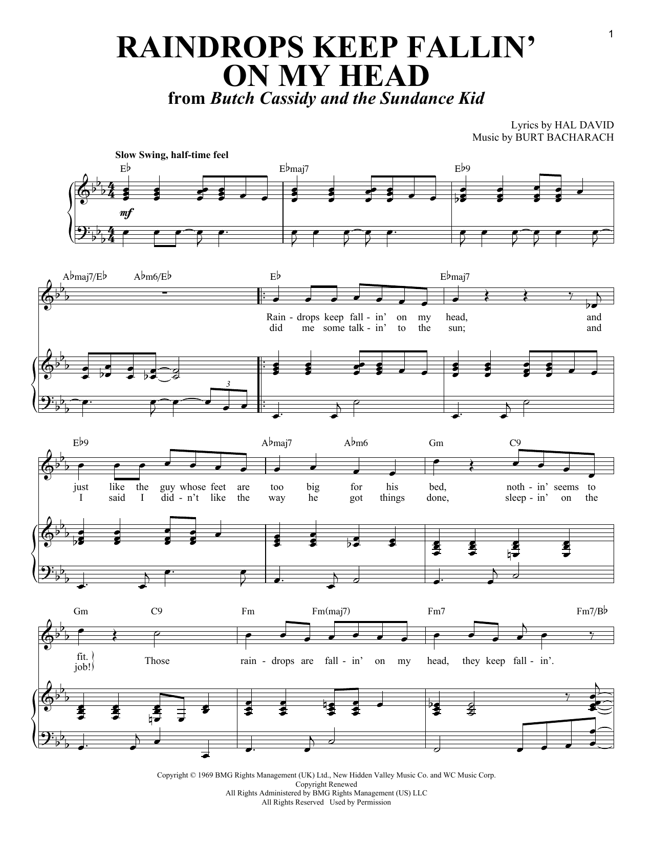 Bacharach & David Raindrops Keep Fallin' On My Head (from Butch Cassidy And The Sundance Kid) sheet music notes and chords. Download Printable PDF.