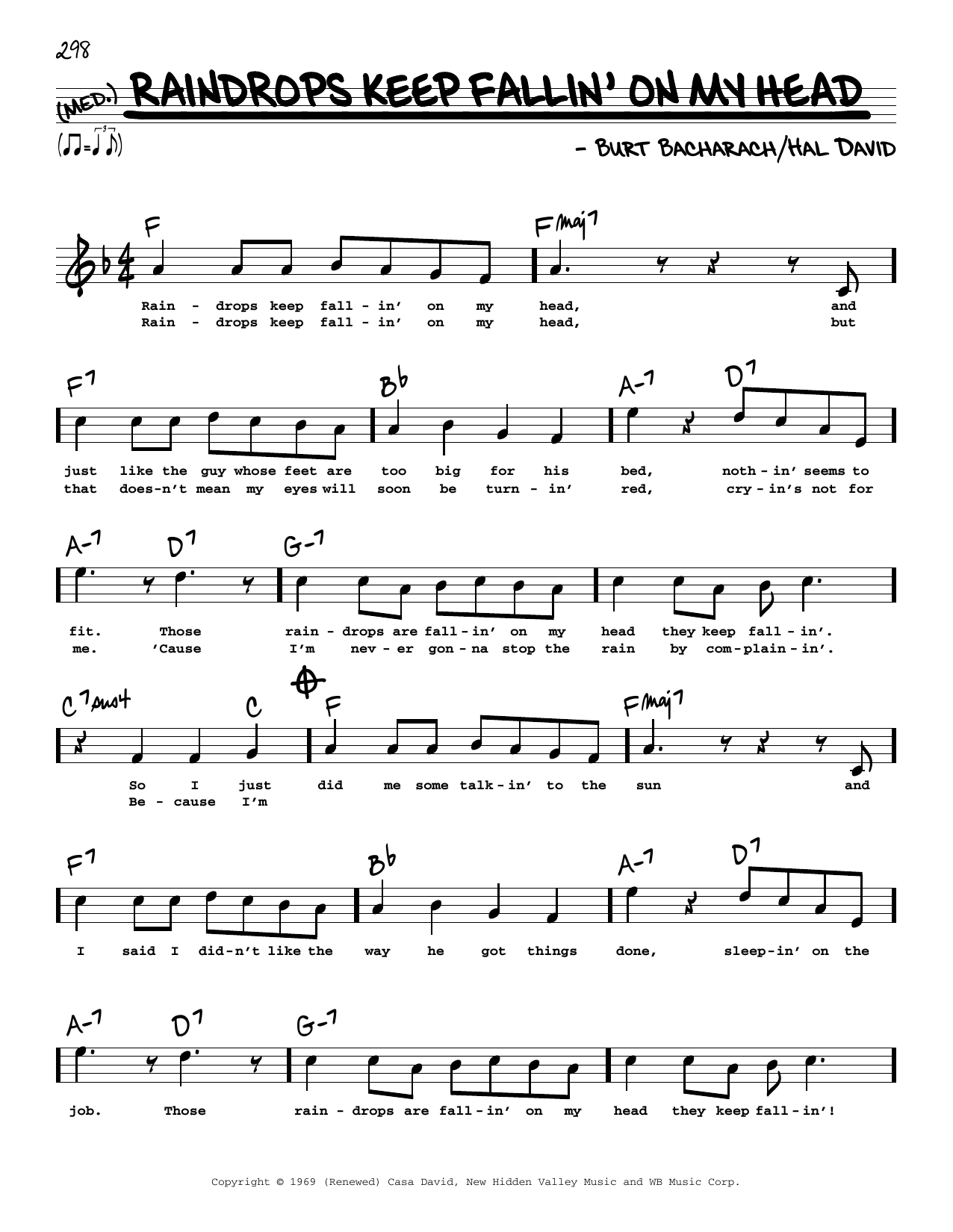 Bacharach & David Raindrops Keep Fallin' On My Head (High Voice) (from Butch Cassidy And The Sundance Kid) sheet music notes and chords. Download Printable PDF.