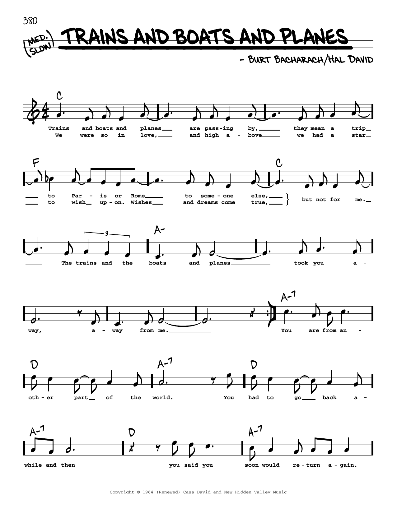 Learn to play Bacharach & David Trains And Boats And Planes (High Voice) sheet music for Real Book – Melody, Lyrics & Chords in minutes. Price: 5.9900$ Bacharach & David Trains And Boats And Planes (High Voice) sheet music notes and chords arranged for Real Book – Melody, Lyrics & Chords