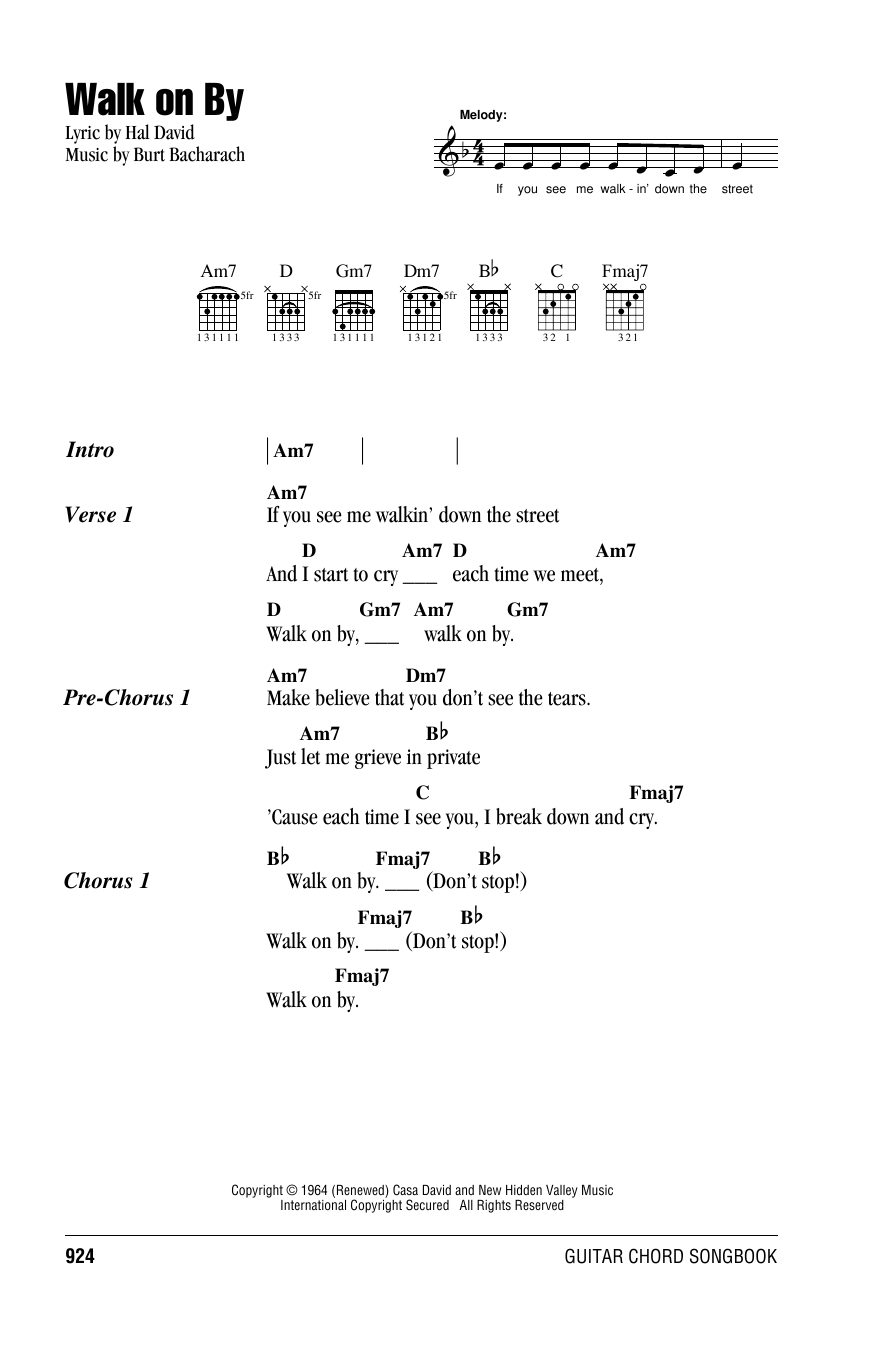 Bacharach & David Walk On By sheet music notes and chords. Download Printable PDF.