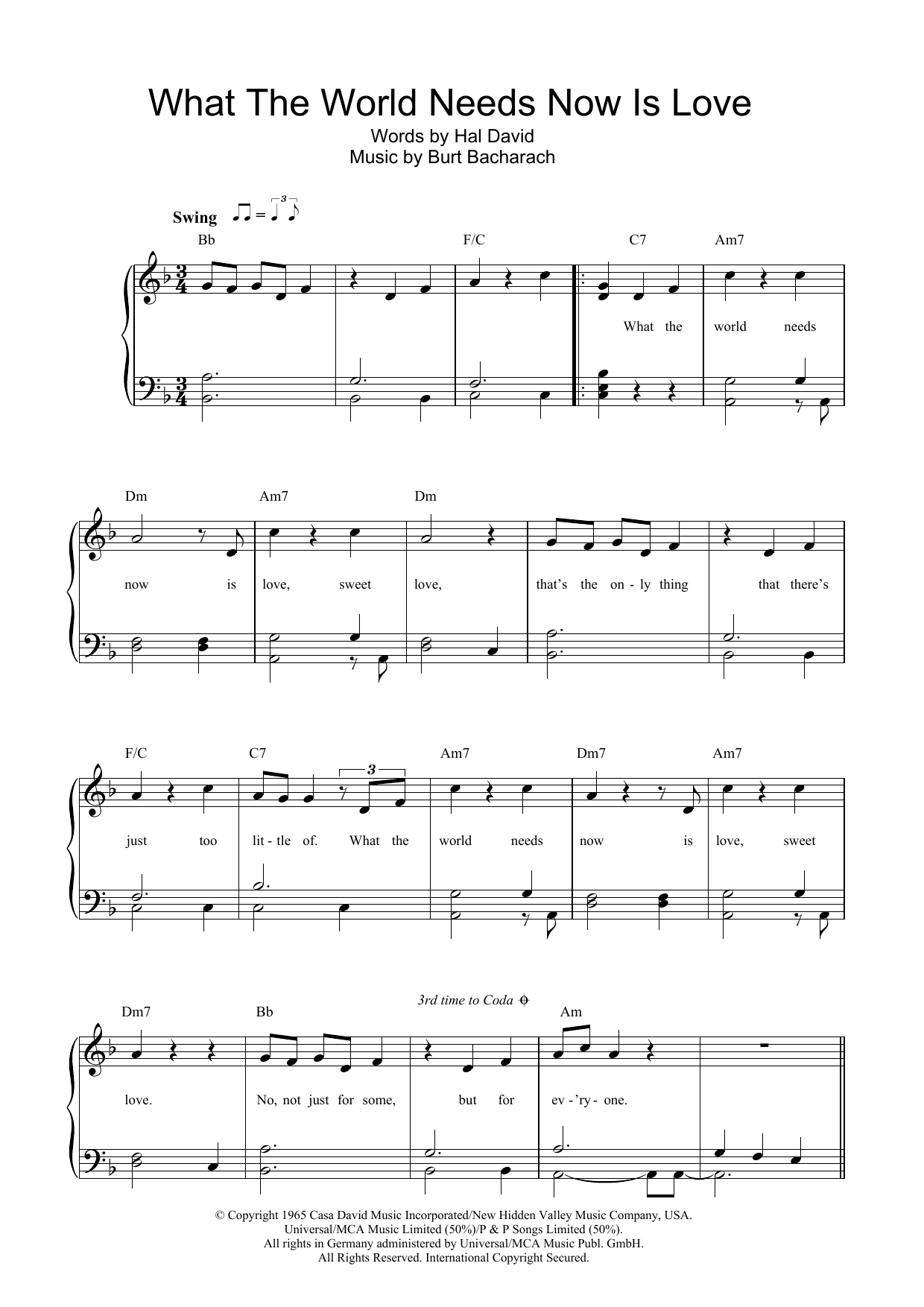 Bacharach & David What The World Needs Now Is Love sheet music notes and chords. Download Printable PDF.