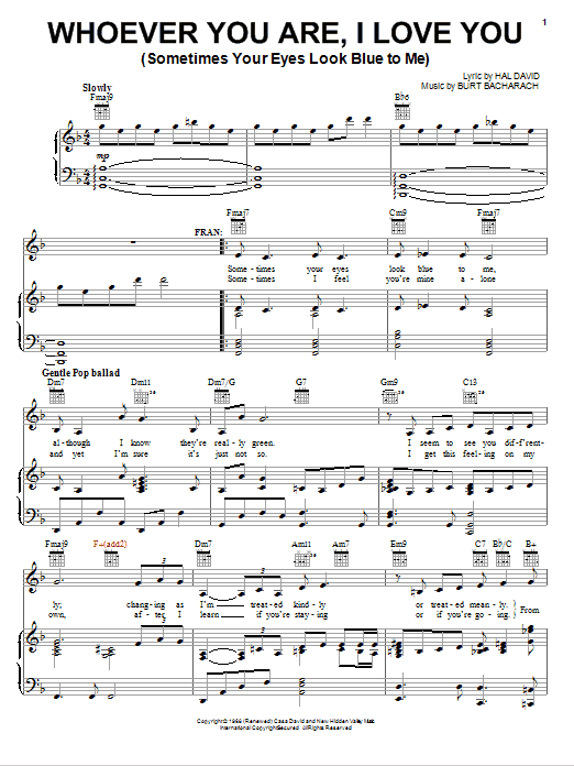 Bacharach & David Whoever You Are, I Love You (Sometimes Your Eyes Look Blue To Me) sheet music notes and chords. Download Printable PDF.