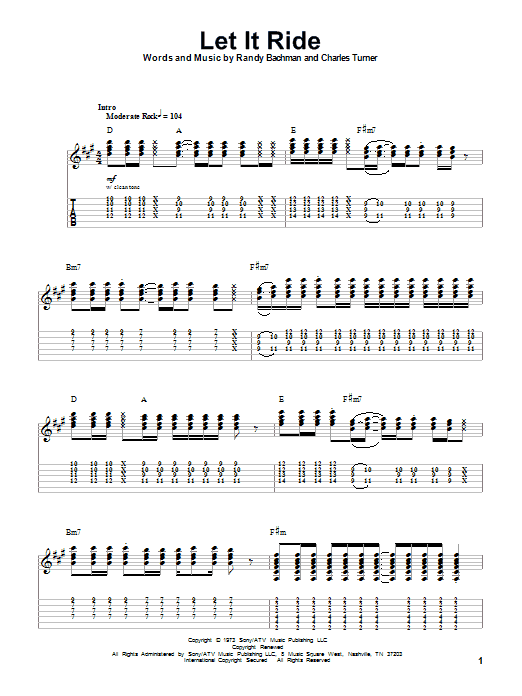 Bachman-Turner Overdrive Let It Ride sheet music notes and chords. Download Printable PDF.