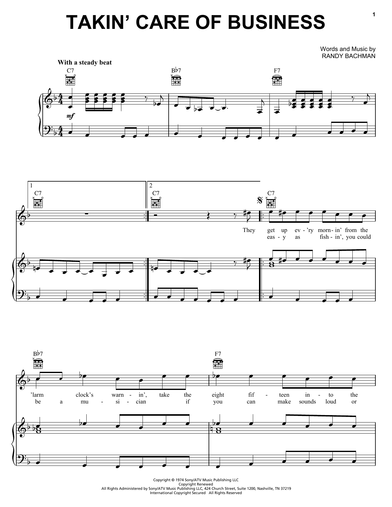 Bachman-Turner Overdrive Takin' Care Of Business sheet music notes and chords. Download Printable PDF.