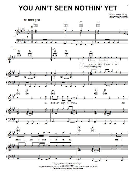 Bachman-Turner Overdrive You Ain't Seen Nothin' Yet sheet music notes and chords. Download Printable PDF.