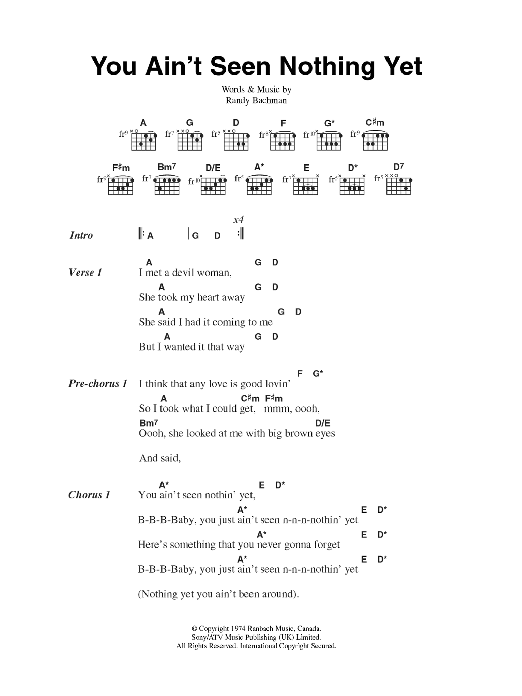 Bachman-Turner Overdrive You Ain't Seen Nothing Yet sheet music notes and chords arranged for Guitar Chords/Lyrics