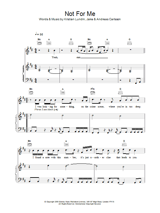 Learn to play Backstreet Boys Not For Me sheet music for Piano, Vocal & Guitar Chords in minutes. Price: 7.8900$ Backstreet Boys Not For Me sheet music notes and chords arranged for Piano, Vocal & Guitar Chords
