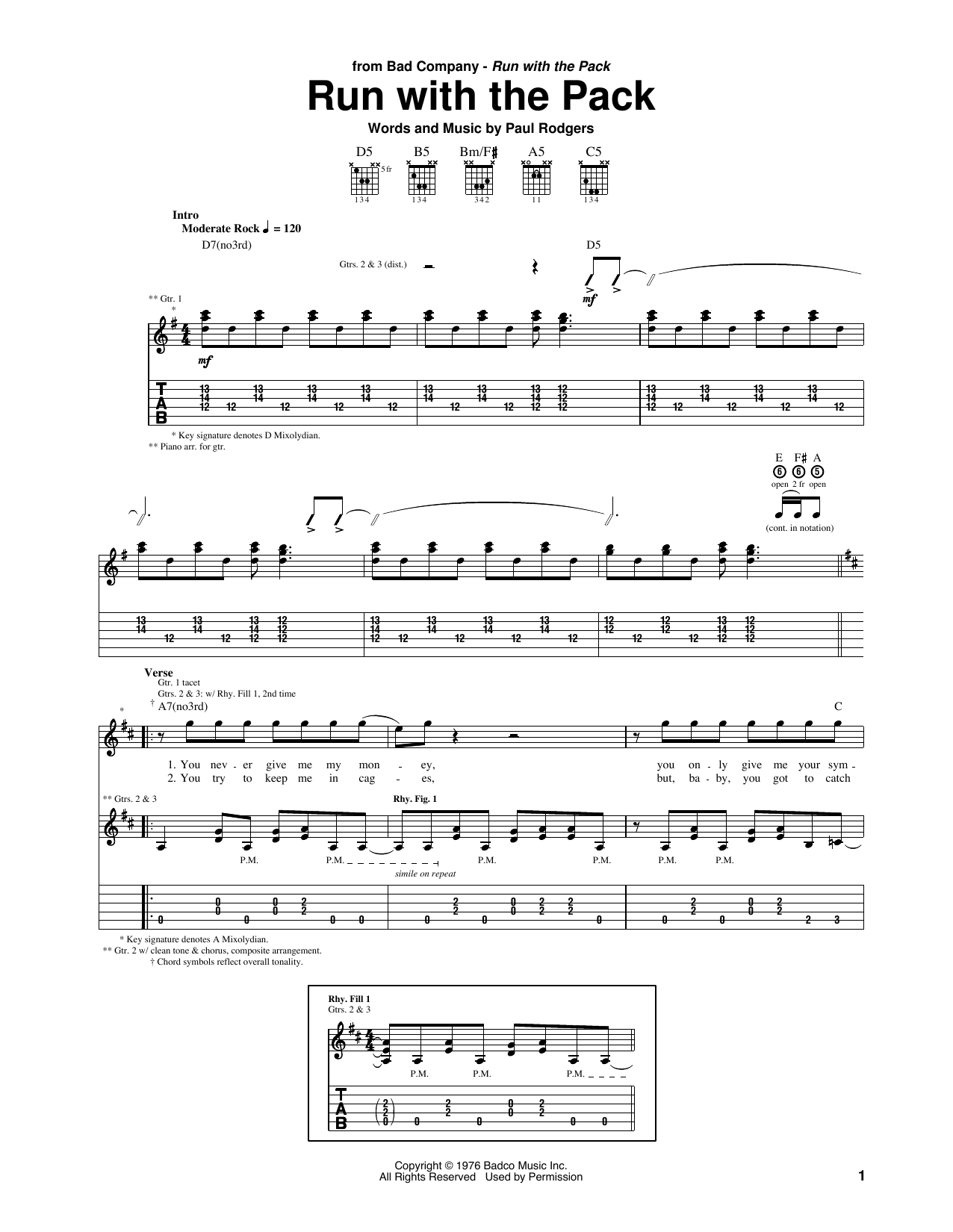 Learn to play Bad Company Run With The Pack sheet music for Guitar Tab in minutes. Price: 7.8900$ Bad Company Run With The Pack sheet music notes and chords arranged for Guitar Tab